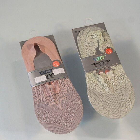 REHE Invisible Socks Laced Women Fashion No Slip Silicon Grip 2 Pairs - Picture 2 of 11